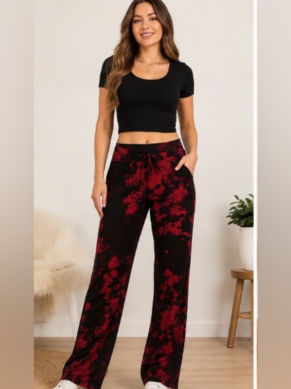 🇱🇷Women's Black and Red Tie-Dye Wide Leg Pants